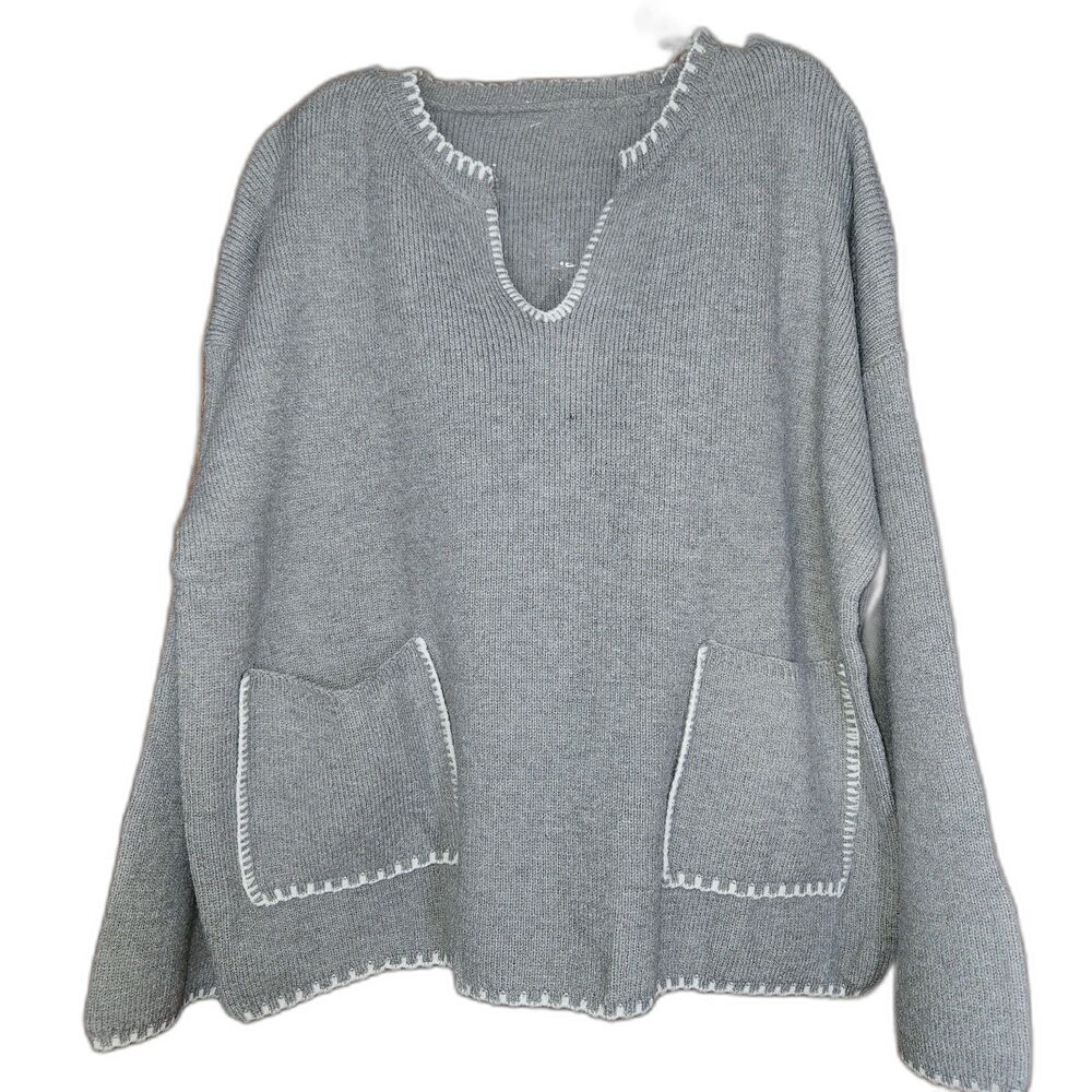 Gray Women Sweater with Pockets V-neck Oversize Trendy Lightweight V Neck LS New